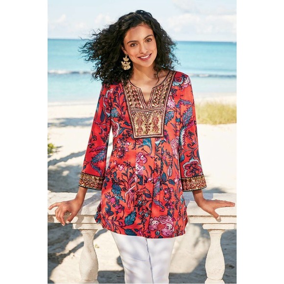 Soft Surroundings Tops - Soft Surroundings Samara Floral Paisley Sequin Tunic Top Orange Large H13908